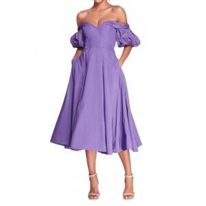 NEW MARCHESA NOTTE pleated off-shoulder taffeta midi dress in violet